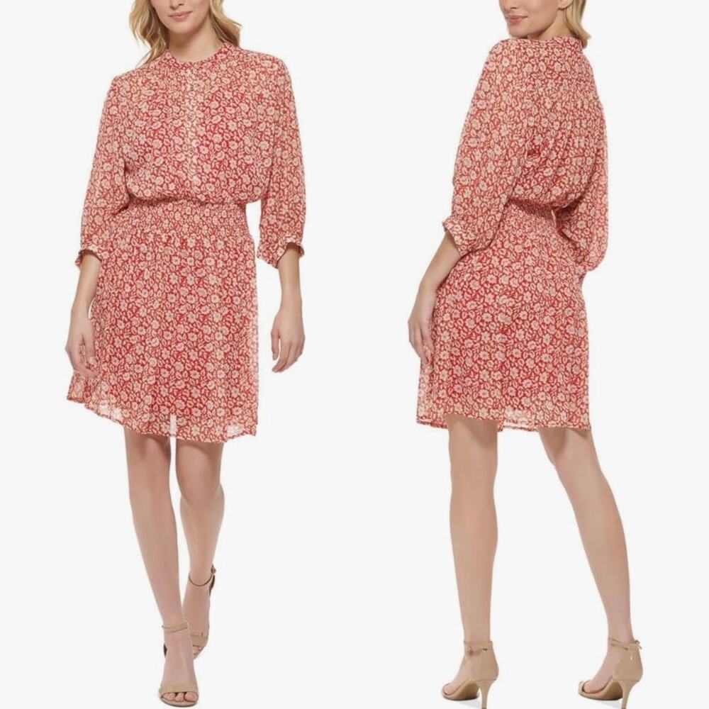 Tommy Hilfiger Floral Chiffon Mini Dress in Samba Red, Size 6